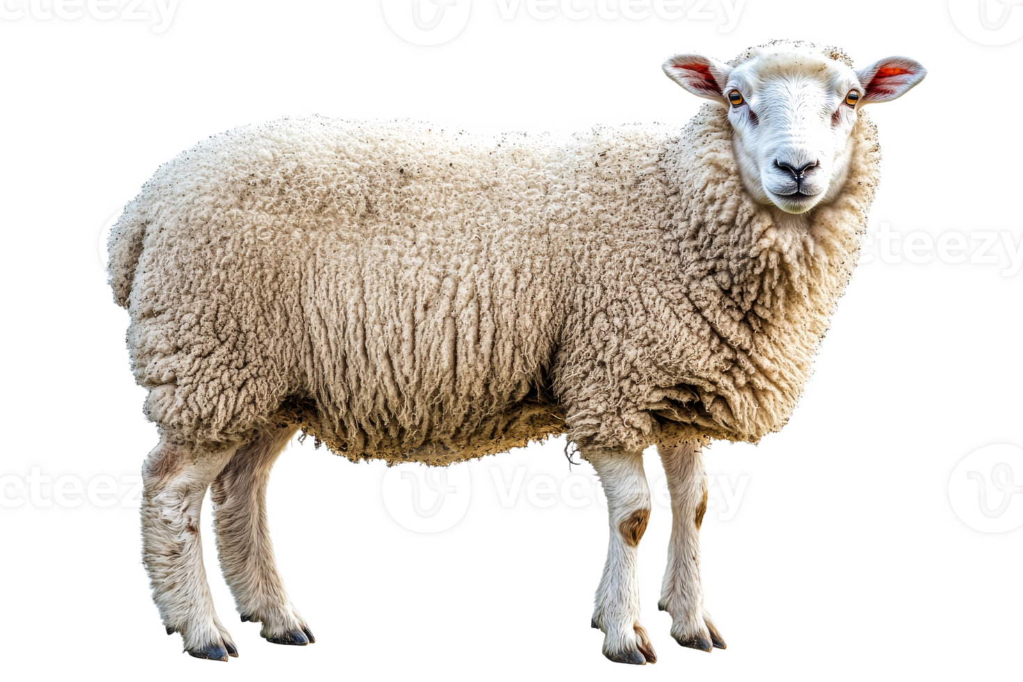 White sheep isolated on black backdrop, fluffy wool texture, livestock, cut out transparent png