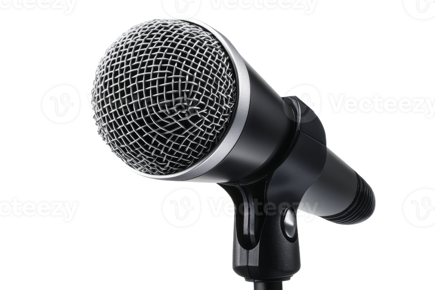 Professional Black Microphone on Stand, close up, cut out transparent png