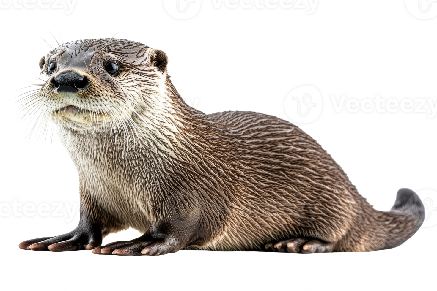 Playful otter with curious gaze on black background, cut out transparent png