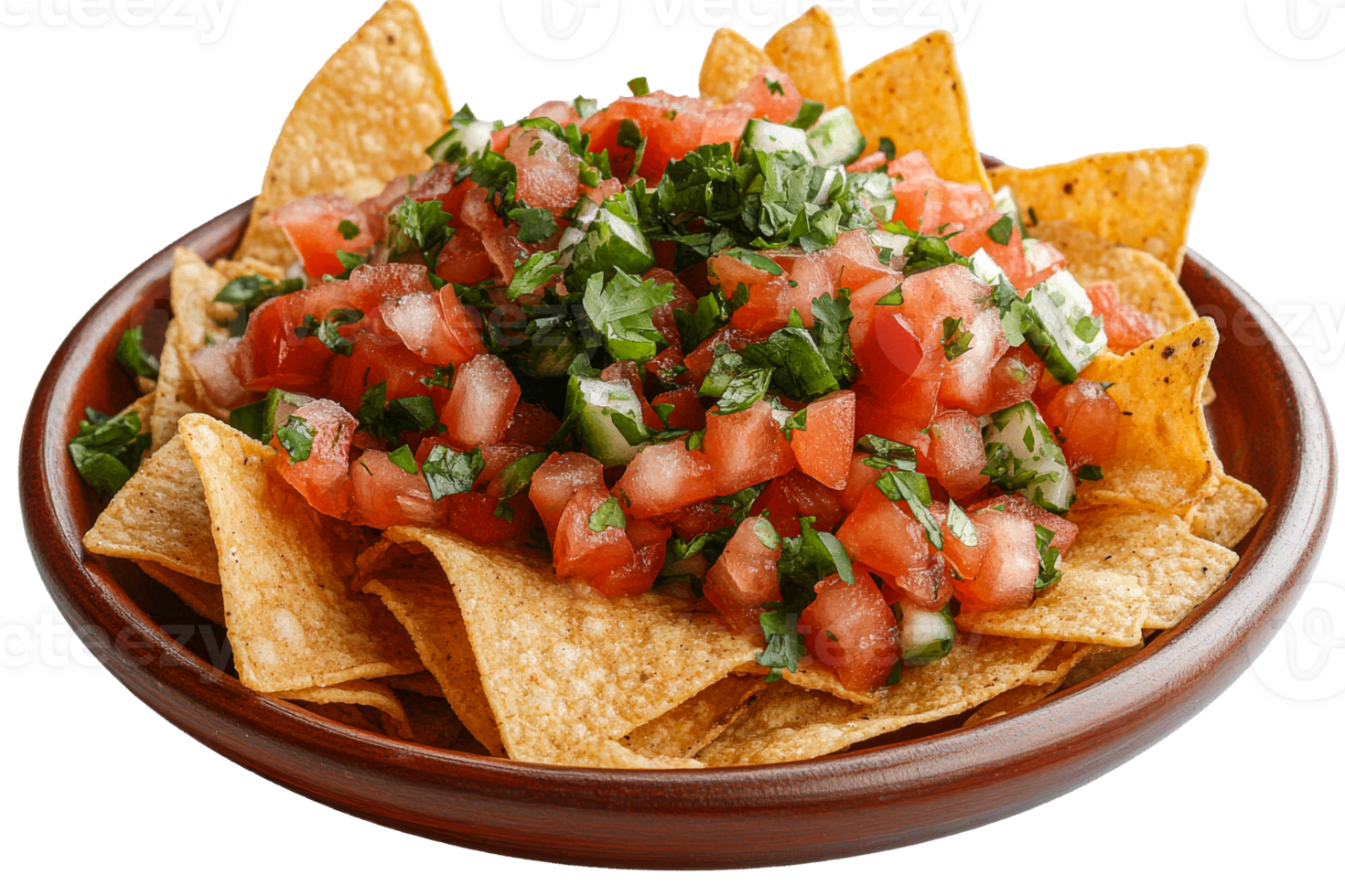 Tasty nachos with tomato salad and herbs in bowl, cut out transparent png