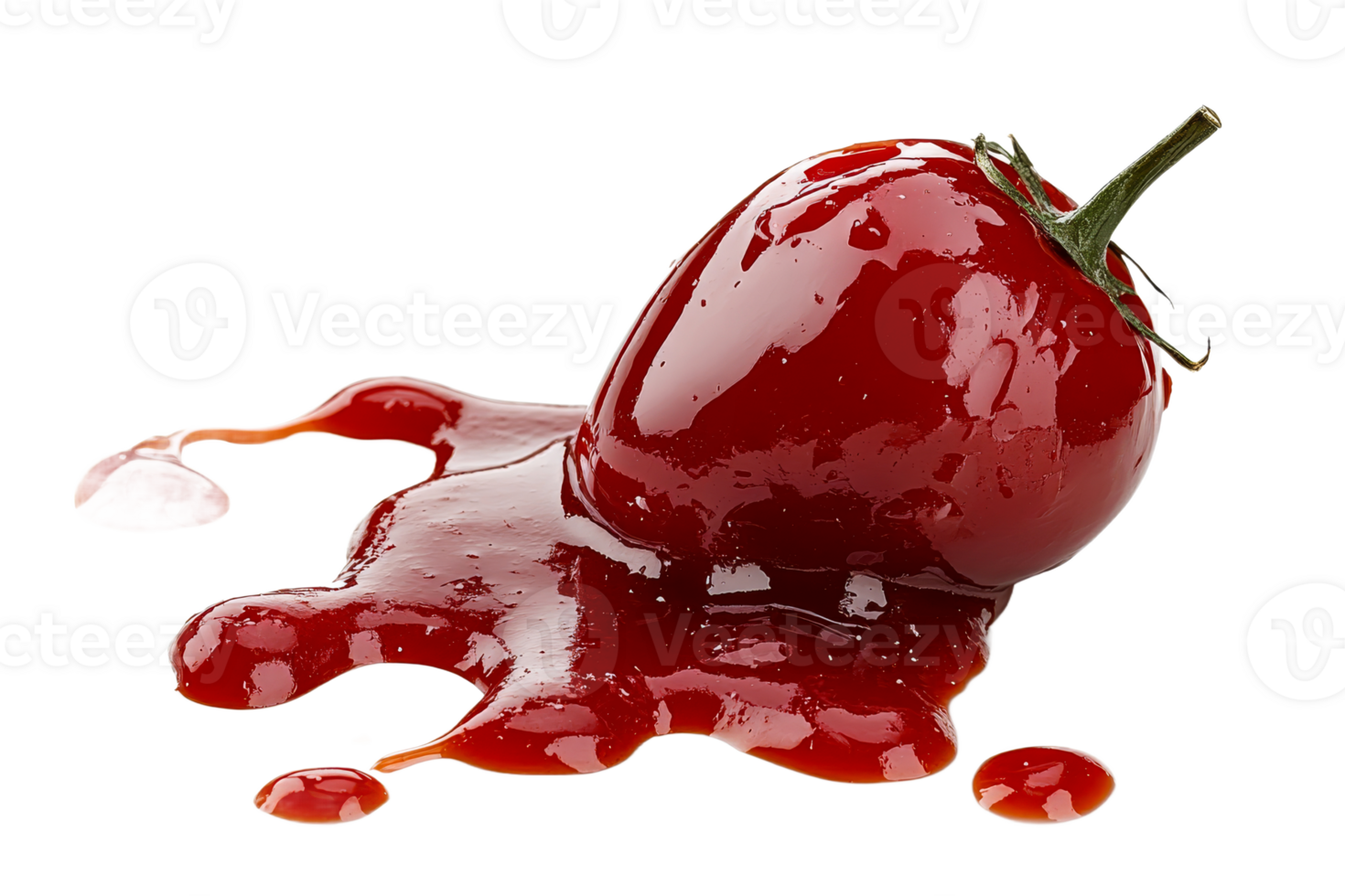 Juicy tomato with ketchup, vibrant red color on black, cut out transparent png