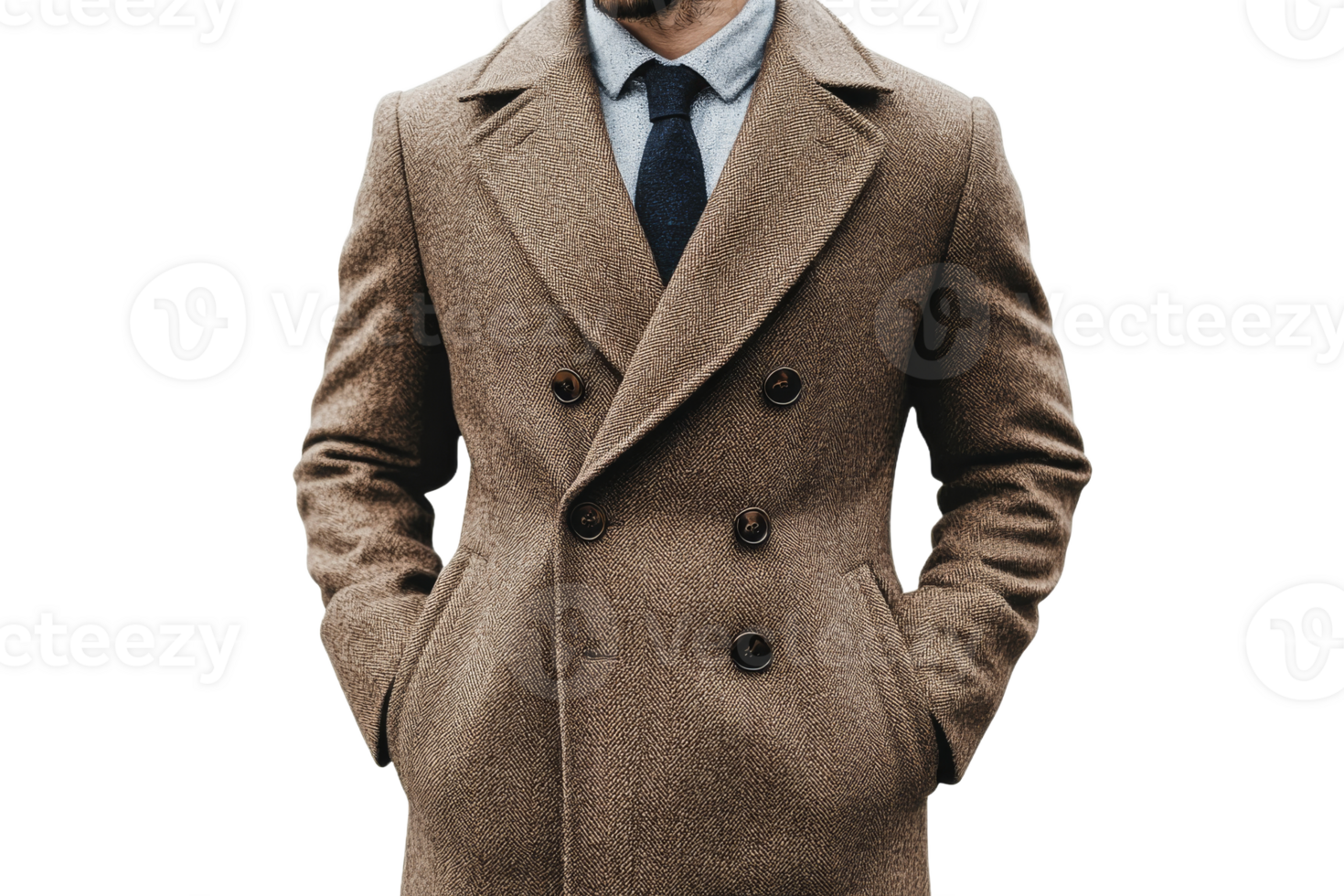 Man torso in tweed overcoat with tie and shirt, cut out transparent png