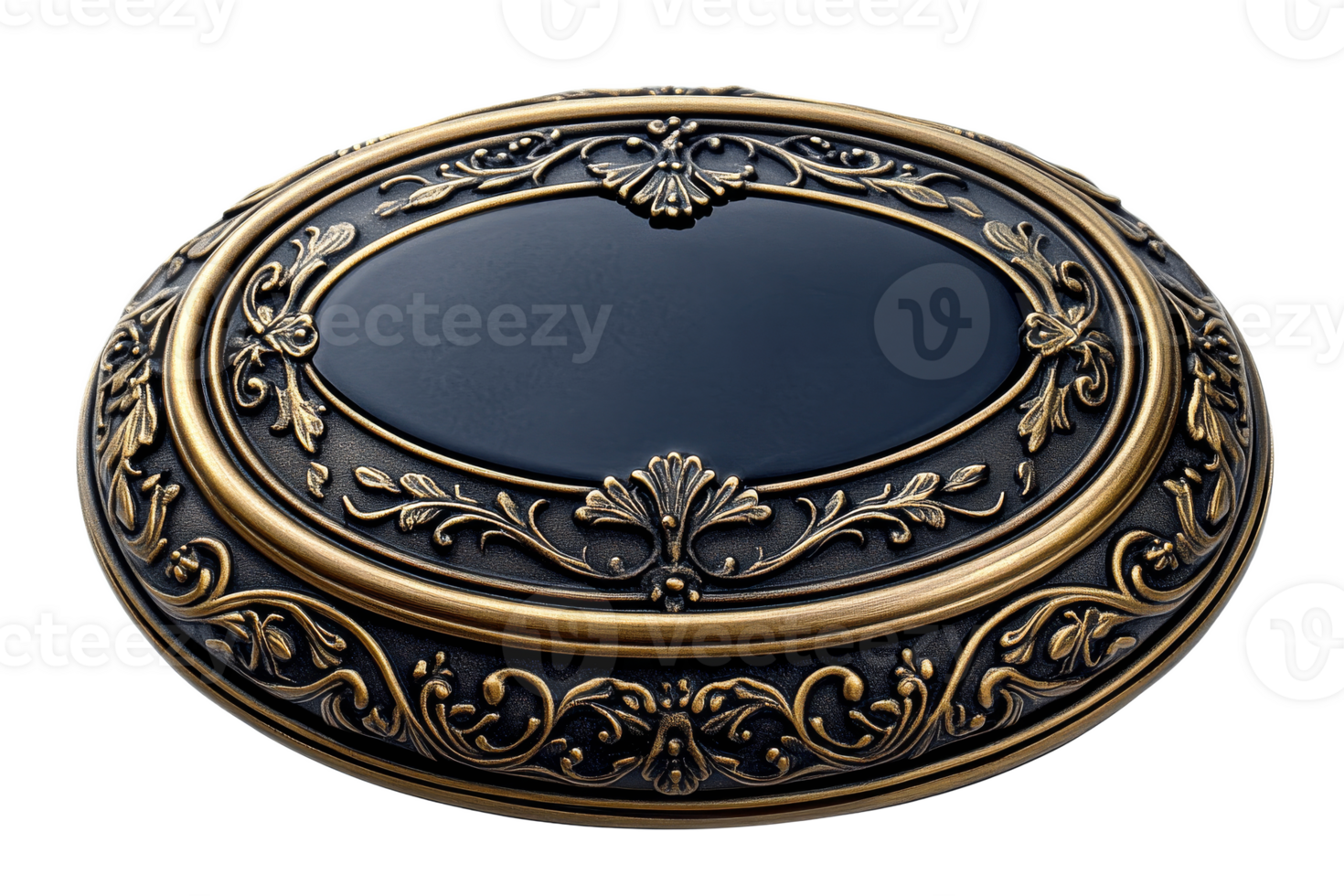 Ornate black and bronze jewelry box with floral patterns, cut out transparent png