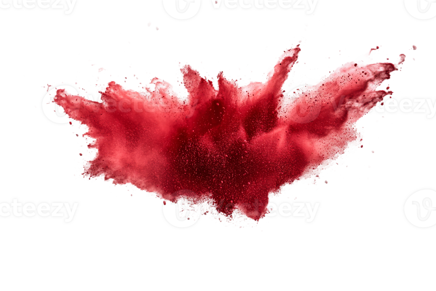 Red powder explosion on black backdrop for product presentation, cut out transparent png