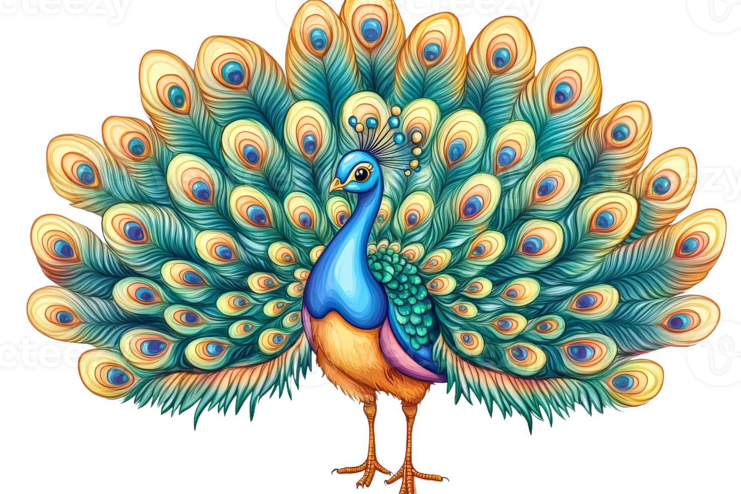 Elegant peacock displaying colorful plumage, cut out transparent png