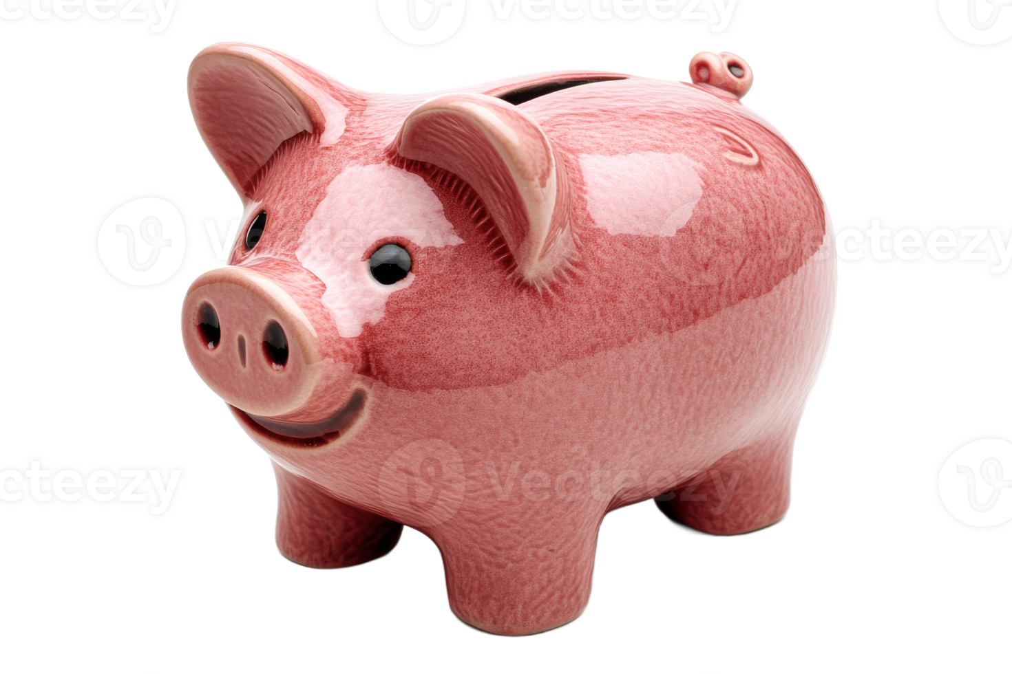 Shiny pink piggy bank with happy face, front view, cut out transparent png