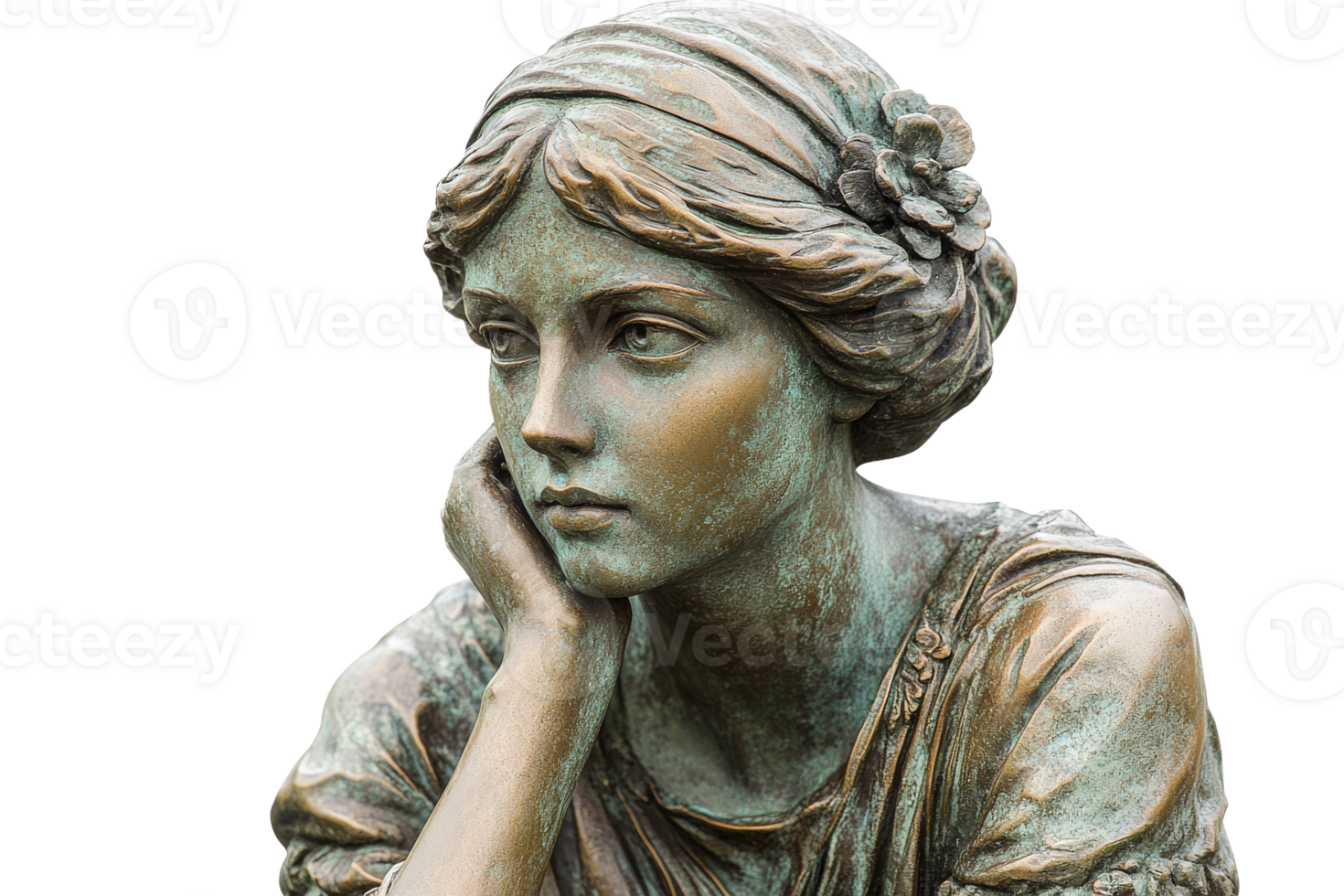 Antique bronze statue of a thoughtful young woman, cut out transparent png