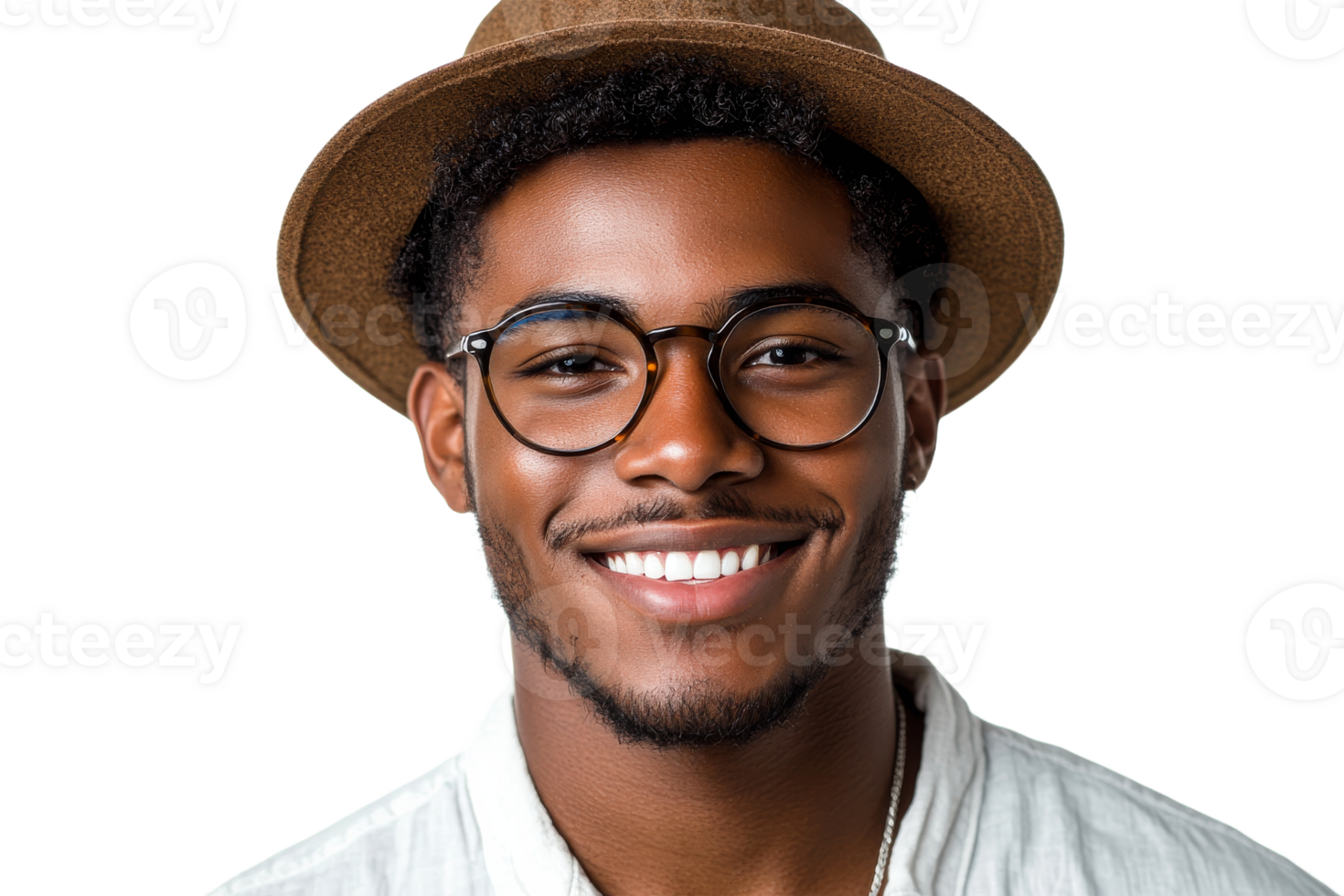 Smiling man in hat and glasses with beard, cut out transparent png