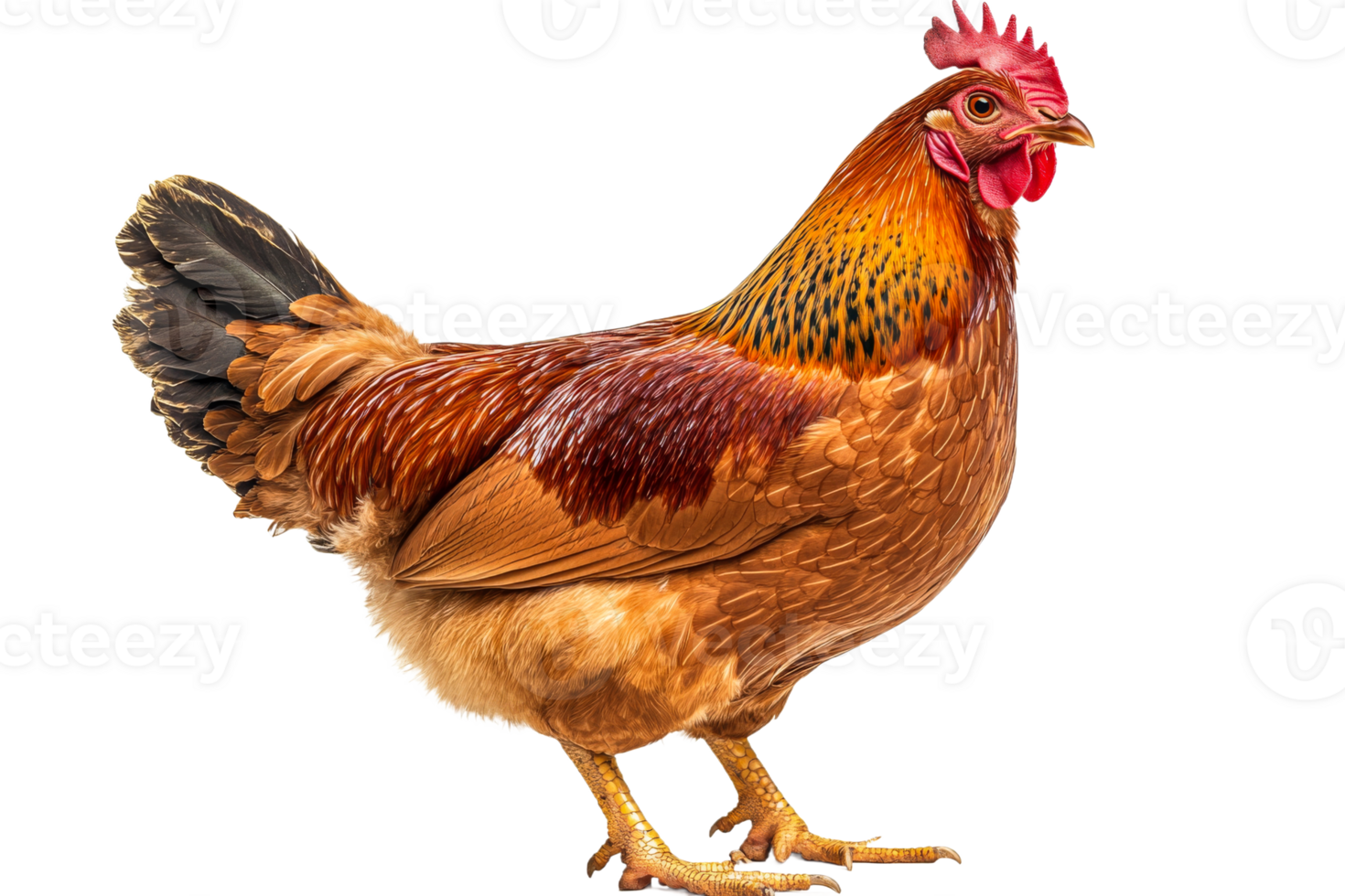 Brown hen with red comb standing, isolated , cut out transparent png