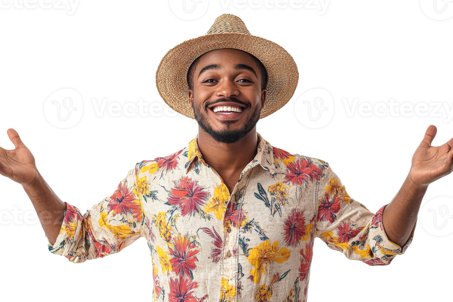 Man in floral shirt smiles with open arms, studio shot, cut out transparent png