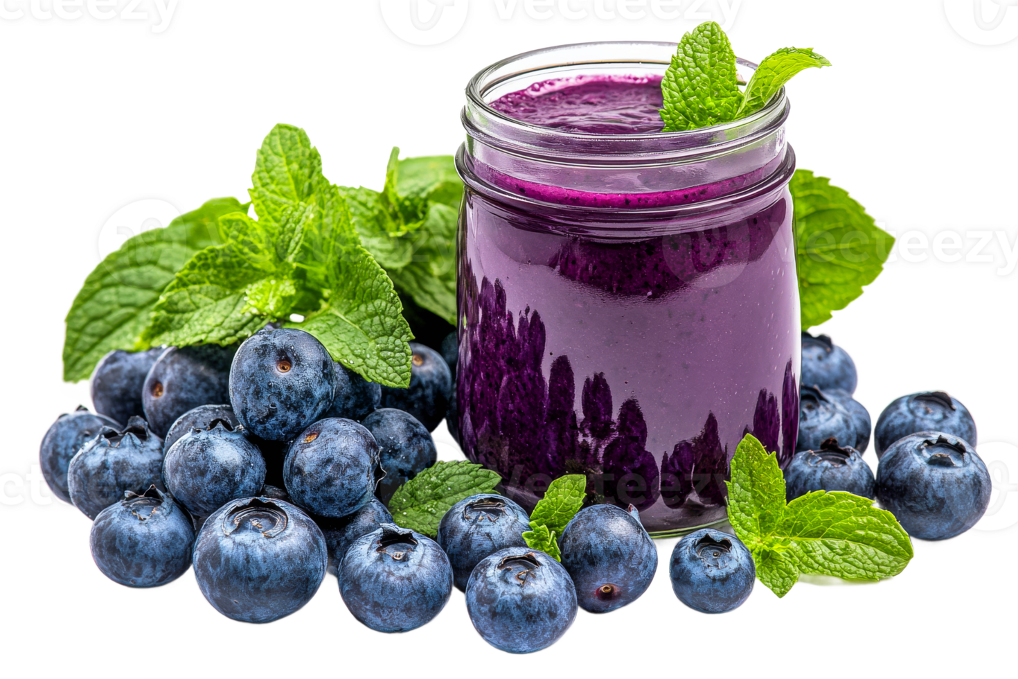 Blueberry smoothie jar with fresh berries and mint, cut out transparent png