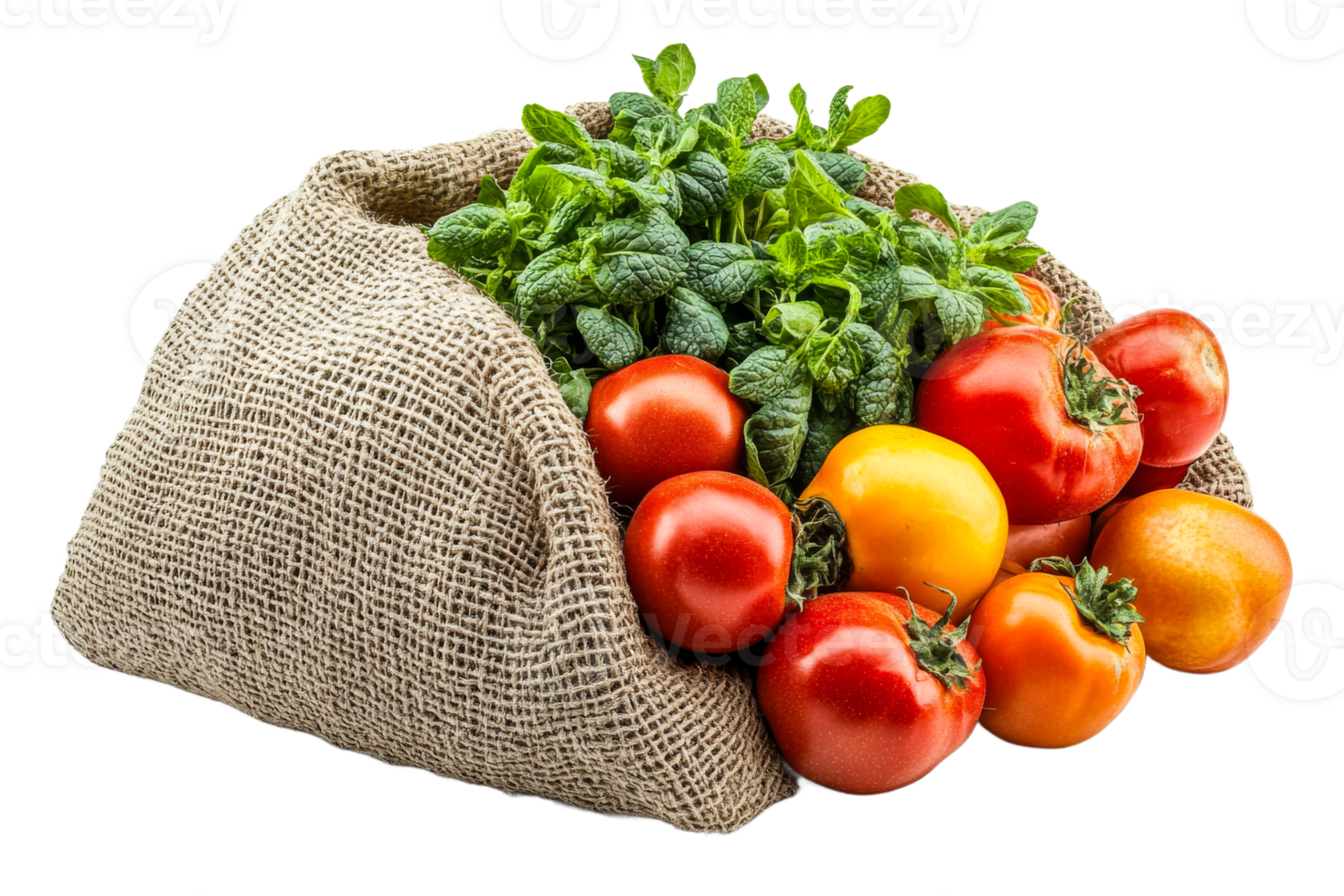 Sack full of ripe tomatoes, fresh herbs, isolated background, cut out transparent png