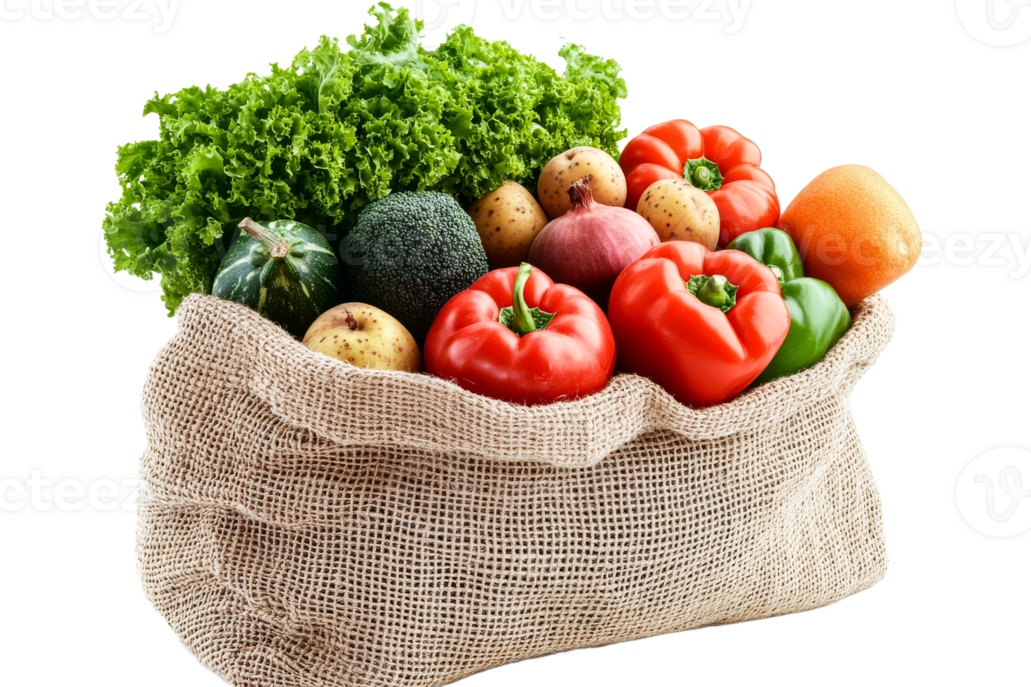 Abundant burlap sack filled fresh vegetables, vivid colors, cut out transparent png