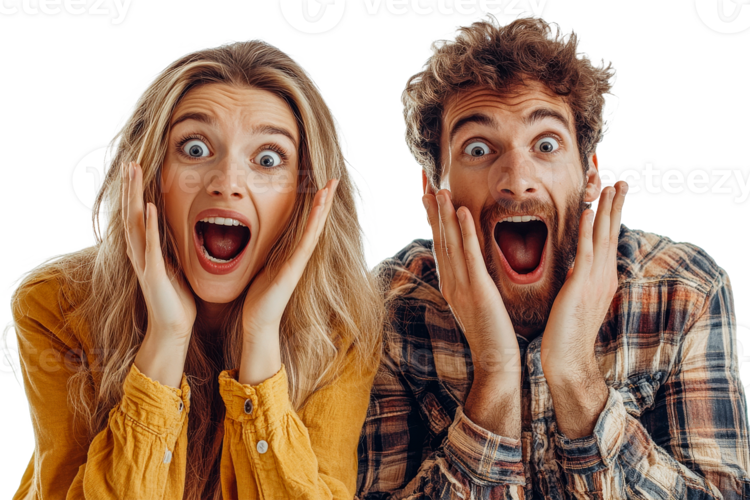 Surprised couple with hands on face and open mouth, cut out transparent png