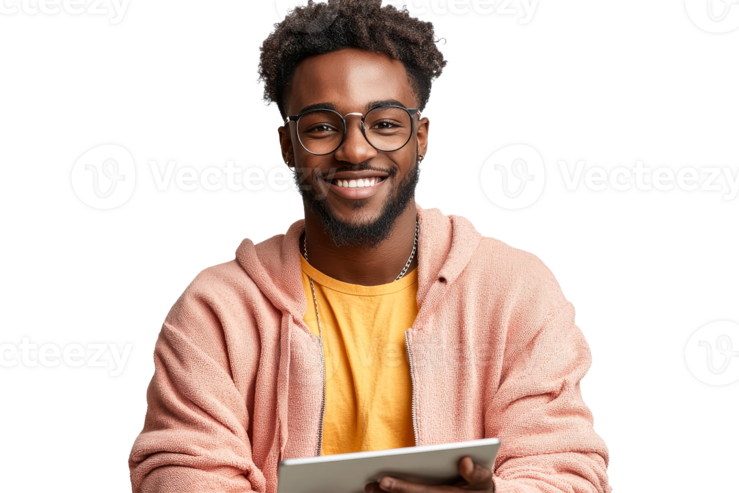 Smiling african man in glasses holding tablet, cut out transparent png