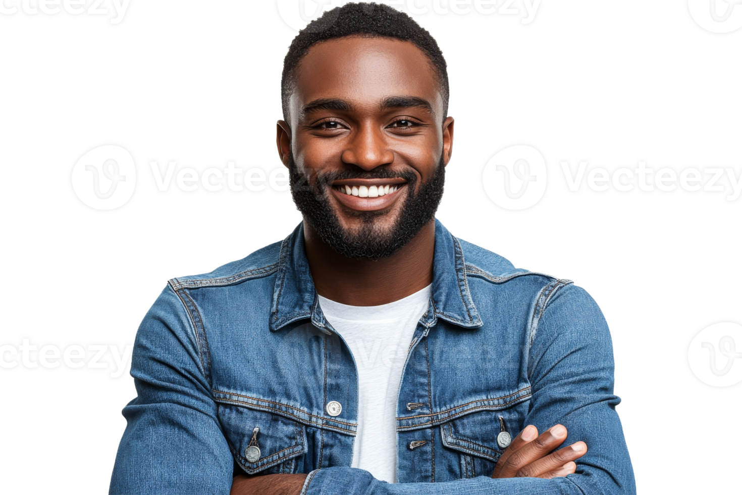 Smiling African American man with crossed arms in denim jacket, cut out transparent png