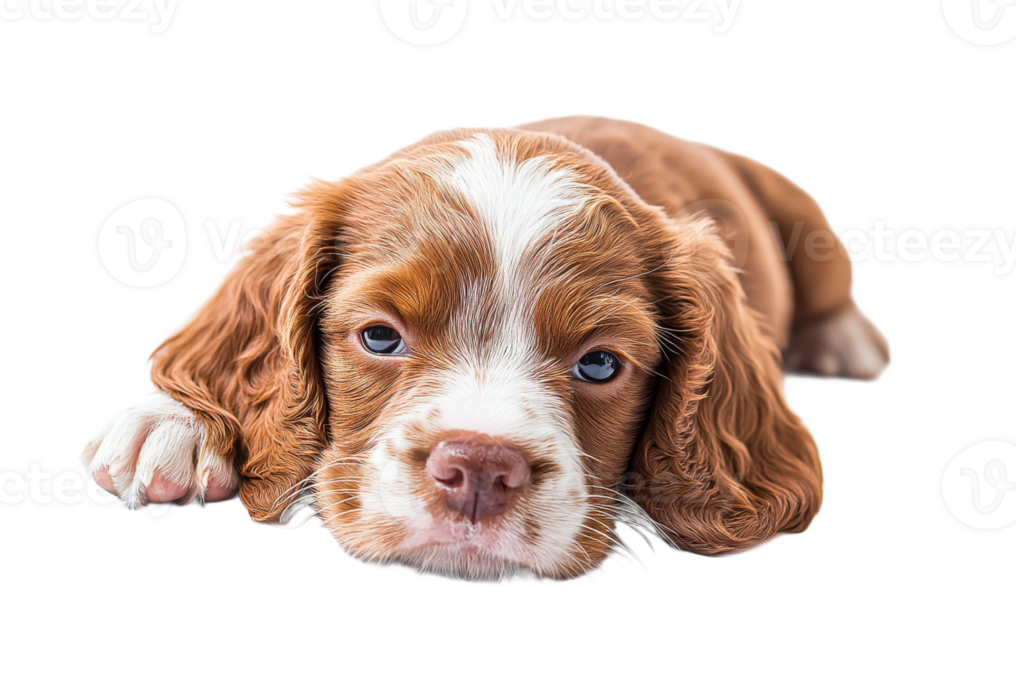 Adorable spaniel puppy is resting on black background, cut out transparent png