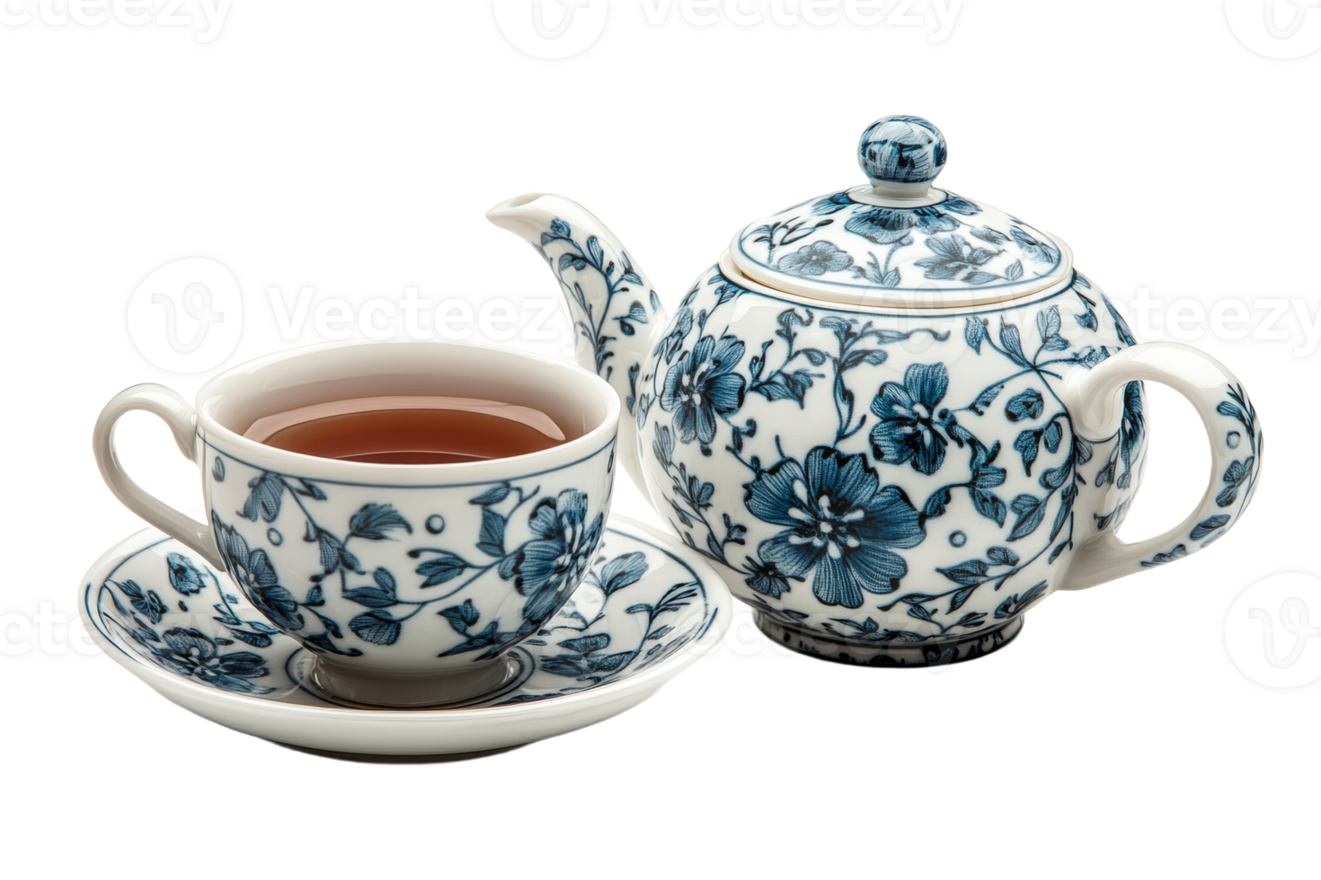 Delicate porcelain teapot and cup with blue flower design, cut out transparent png