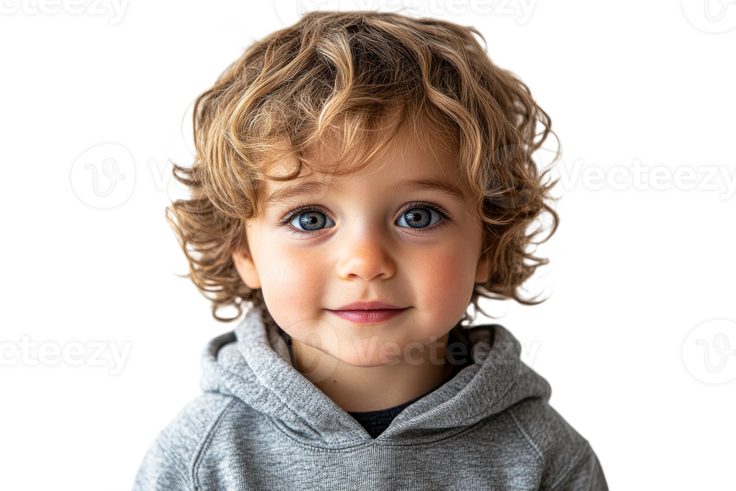 Cute child portrait with curly hair and blue eyes, cut out transparent png
