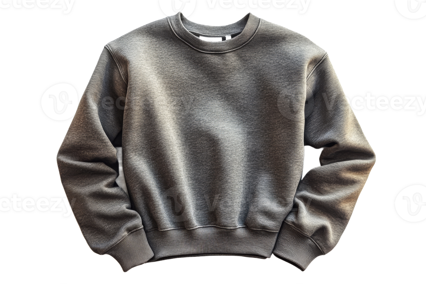 Gray crew neck sweatshirt on black background, cut out transparent png