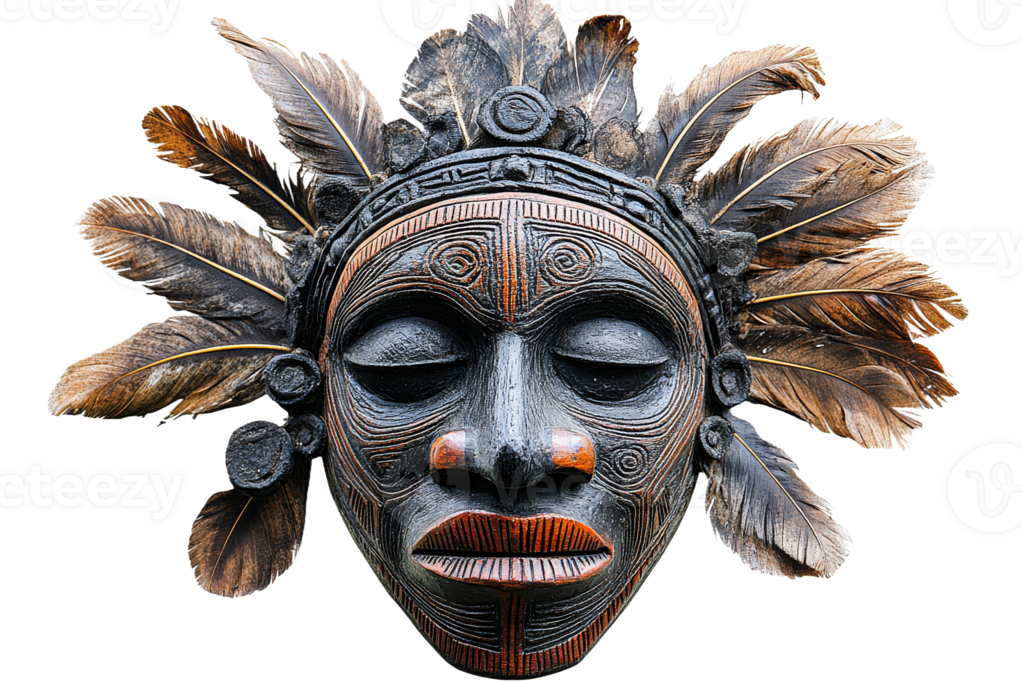 African tribal mask sculpture with feathers headdress, cut out transparent png