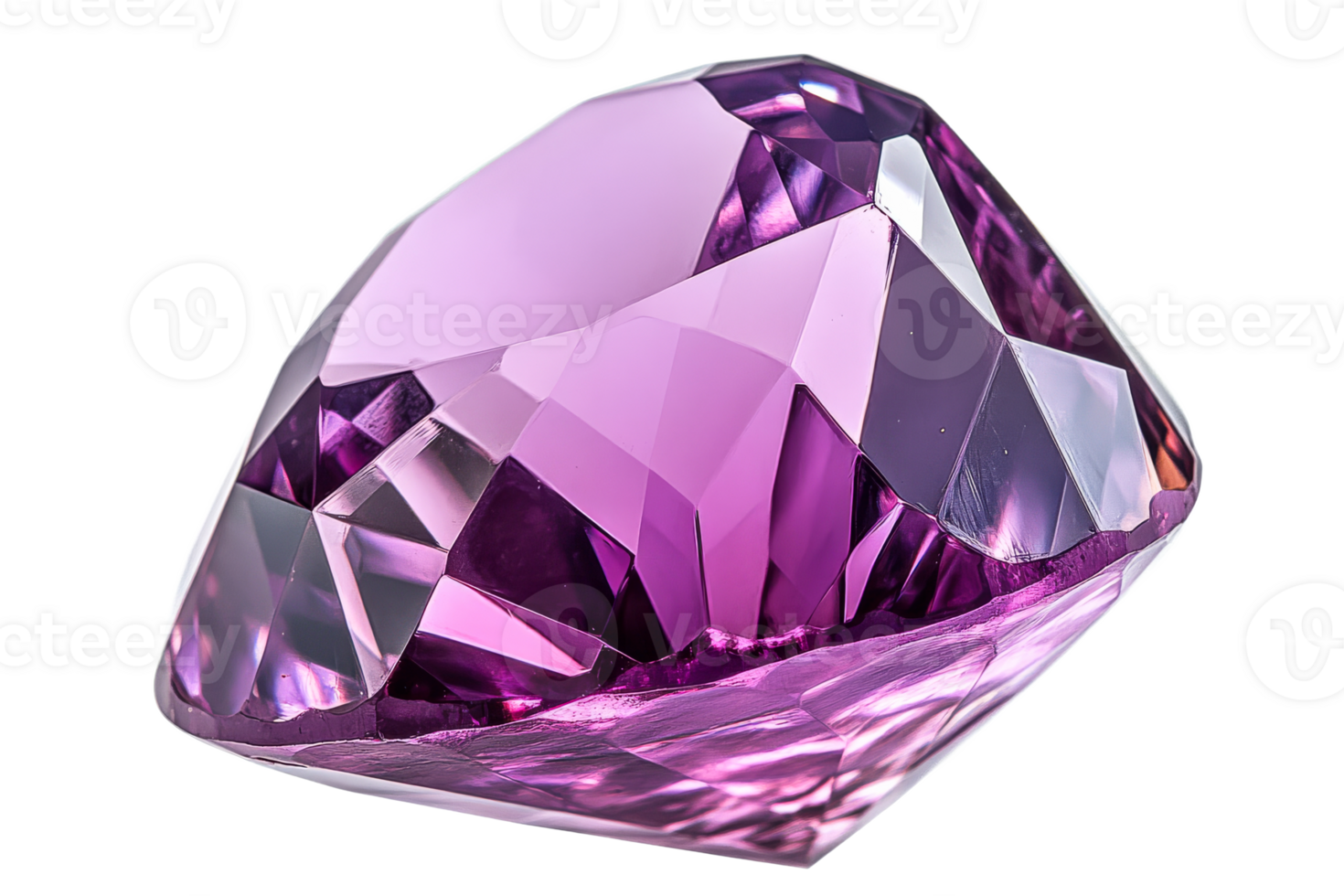 Faceted light purple amethyst gemstone with complex inclusions, cut out transparent png