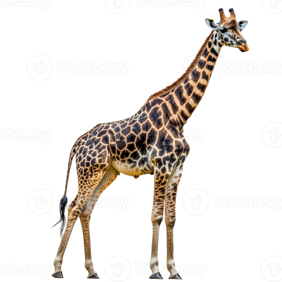 Giraffe stands tall, mammal with unique markings, isolated shape , cut out transparent png
