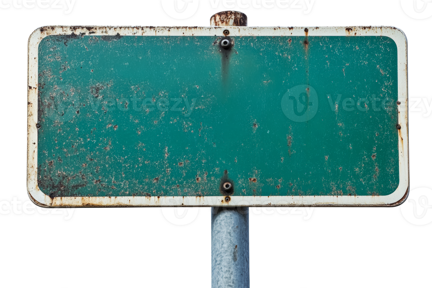 Old Green Blank Road Sign, weathered and textured in studio, cut out transparent png