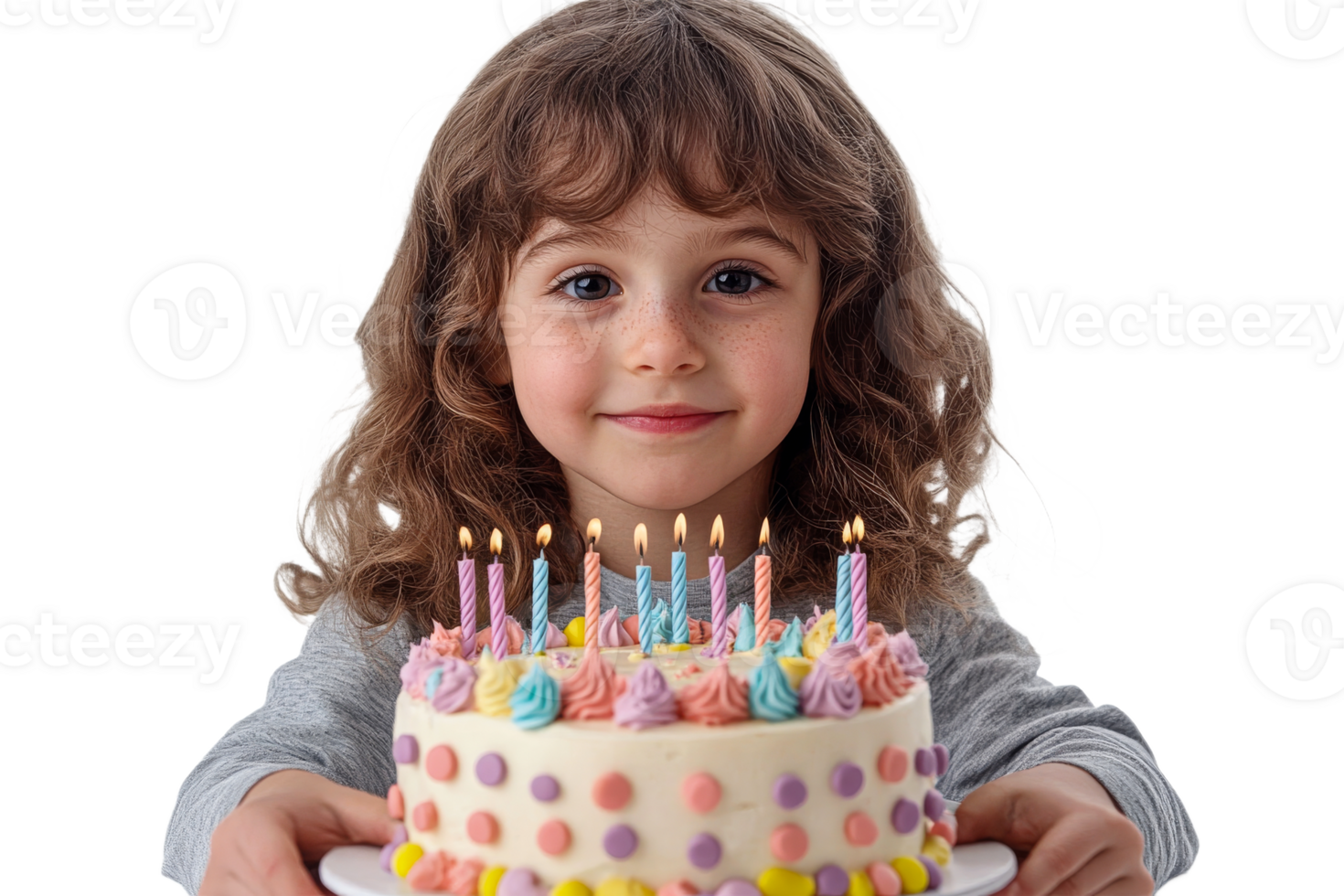Smiling girl holding birthday cake with candles, cut out transparent png
