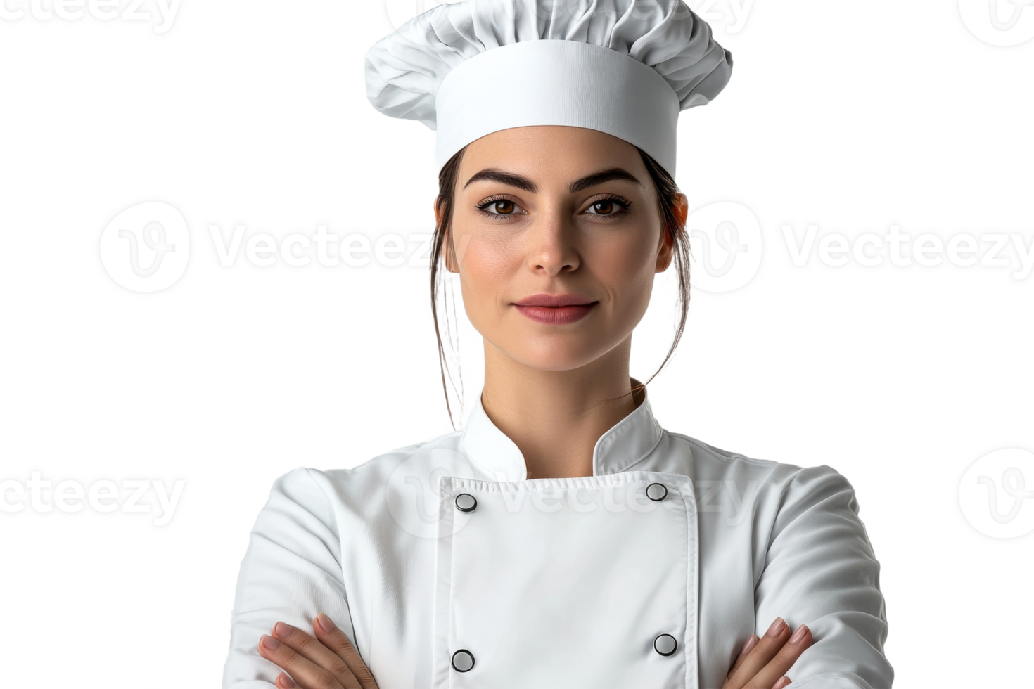 Portrait of a female chef wearing a white uniform, cut out transparent png