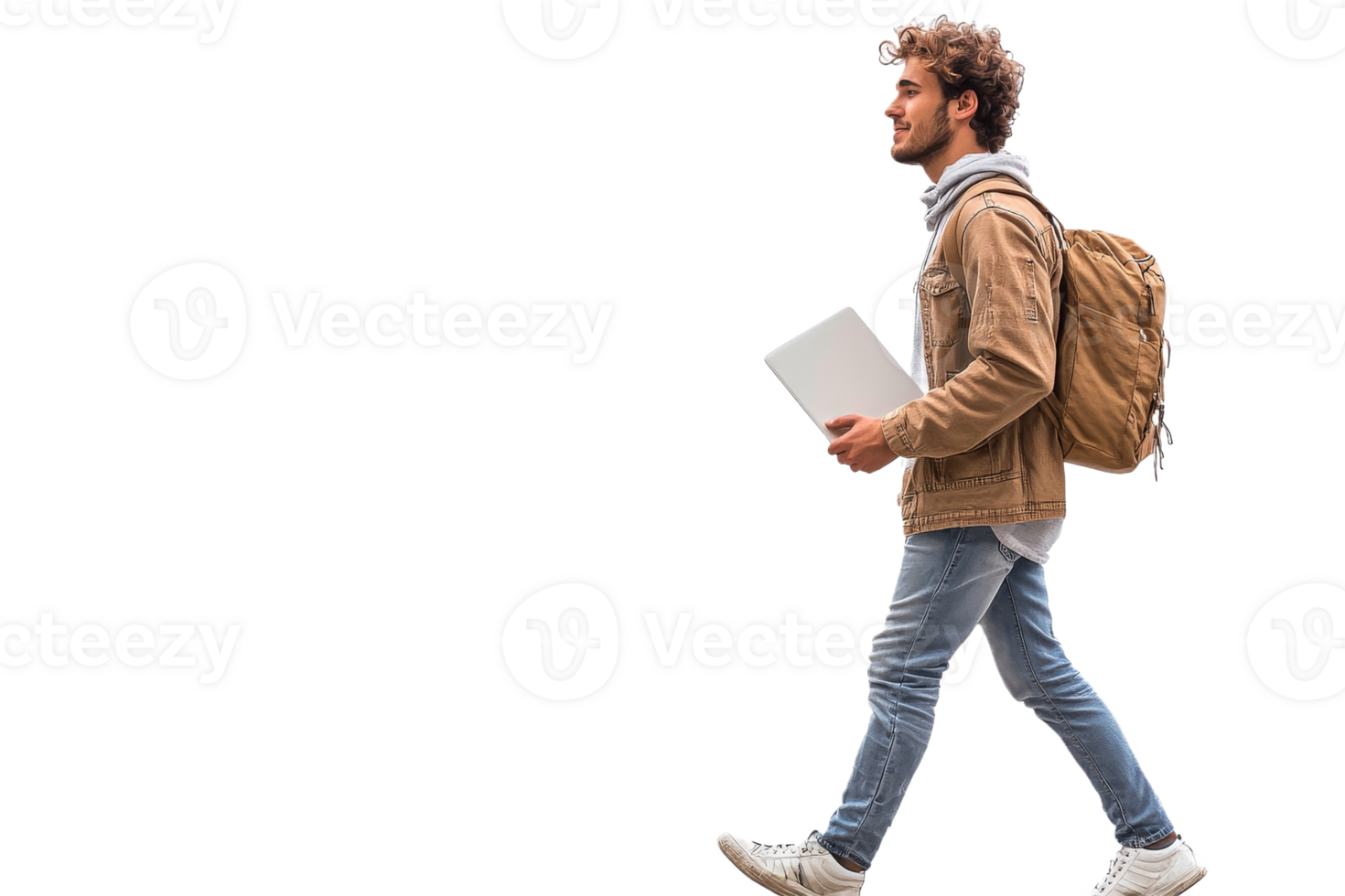 Student with laptop and backpack walking, cutout transparent png