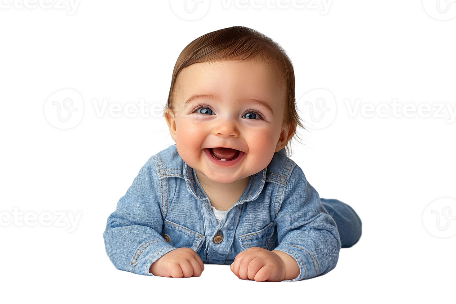 Happy baby in denim shirt smiling, cut out transparent png