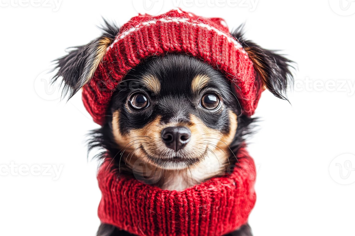 Chihuahua puppy wearing knitted hat and scarf, cut out transparent png