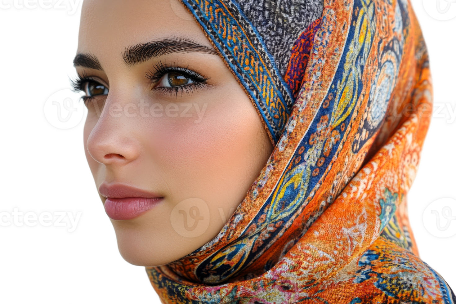 Woman with bright makeup and patterned hijab, cut out transparent png
