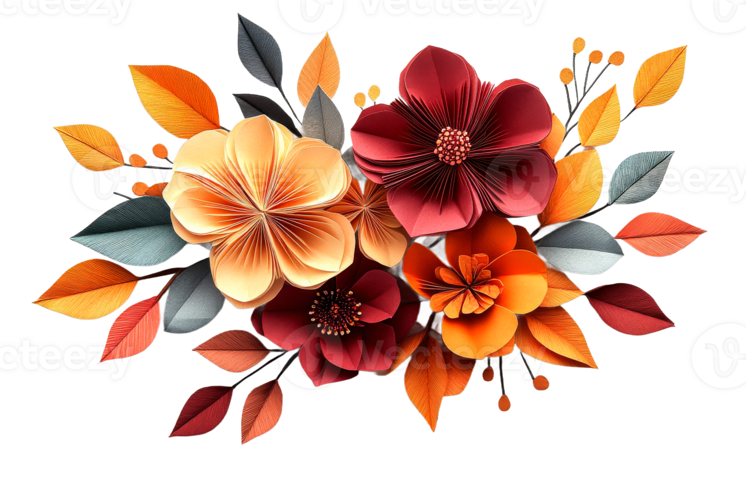 Origami Floral Arrangement in Warm Autumn Colors, cut out transparent png
