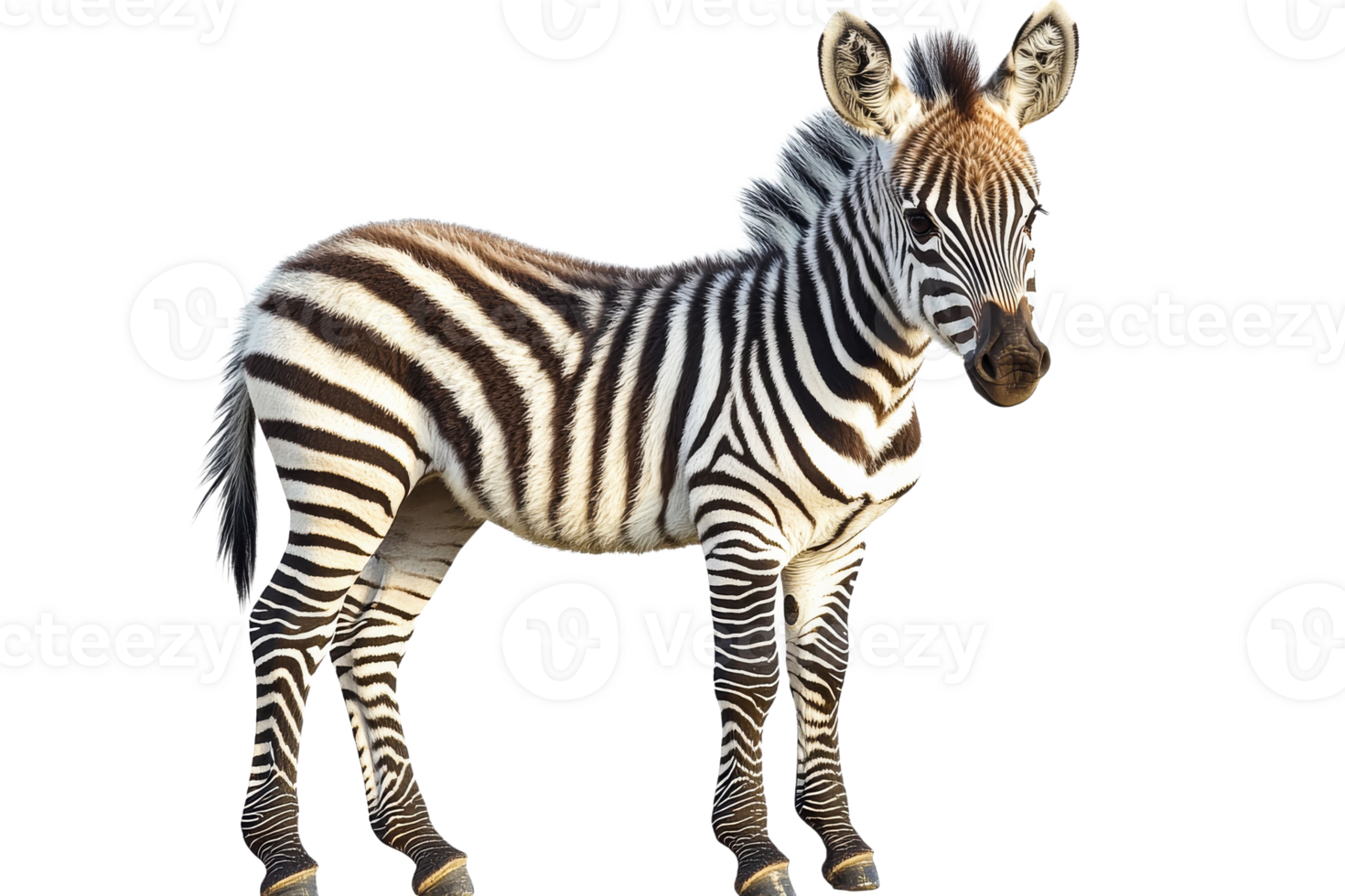 Young zebra portrait on black background, cut out transparent png
