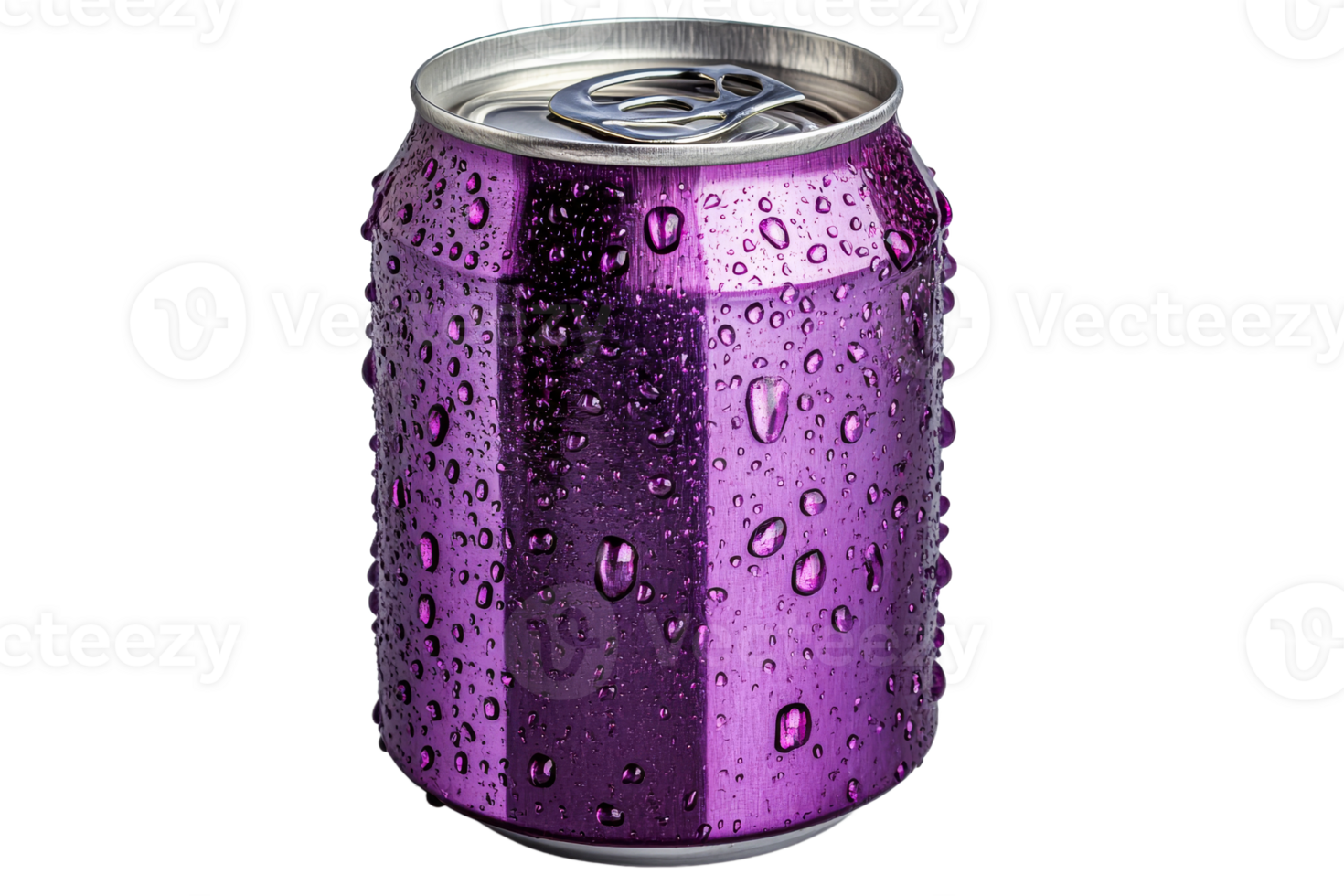 Purple aluminum soda can, water droplets, refreshment, isolated, cut out transparent png