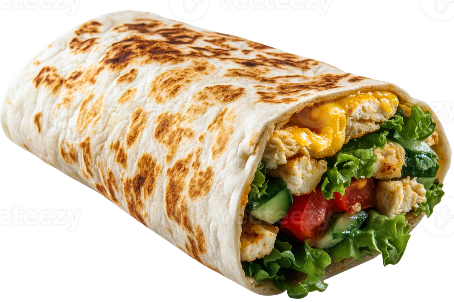 Delicious burrito filled with chicken, vegetables, and cheese, cut out transparent png