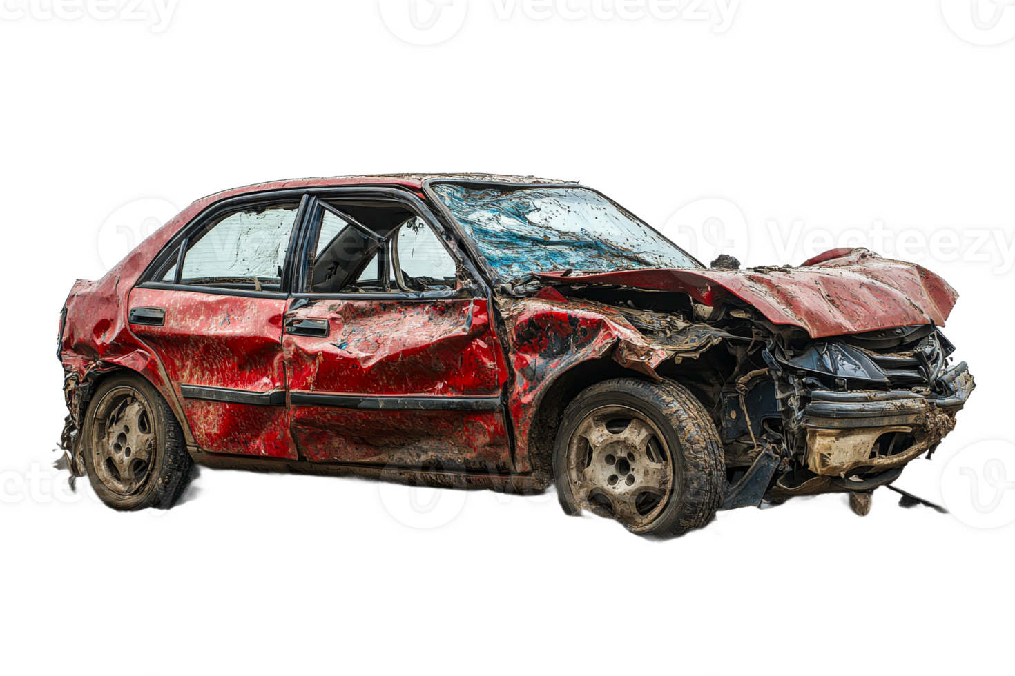 Wrecked red car, damaged and destroyed, after a crash, cut out transparent png