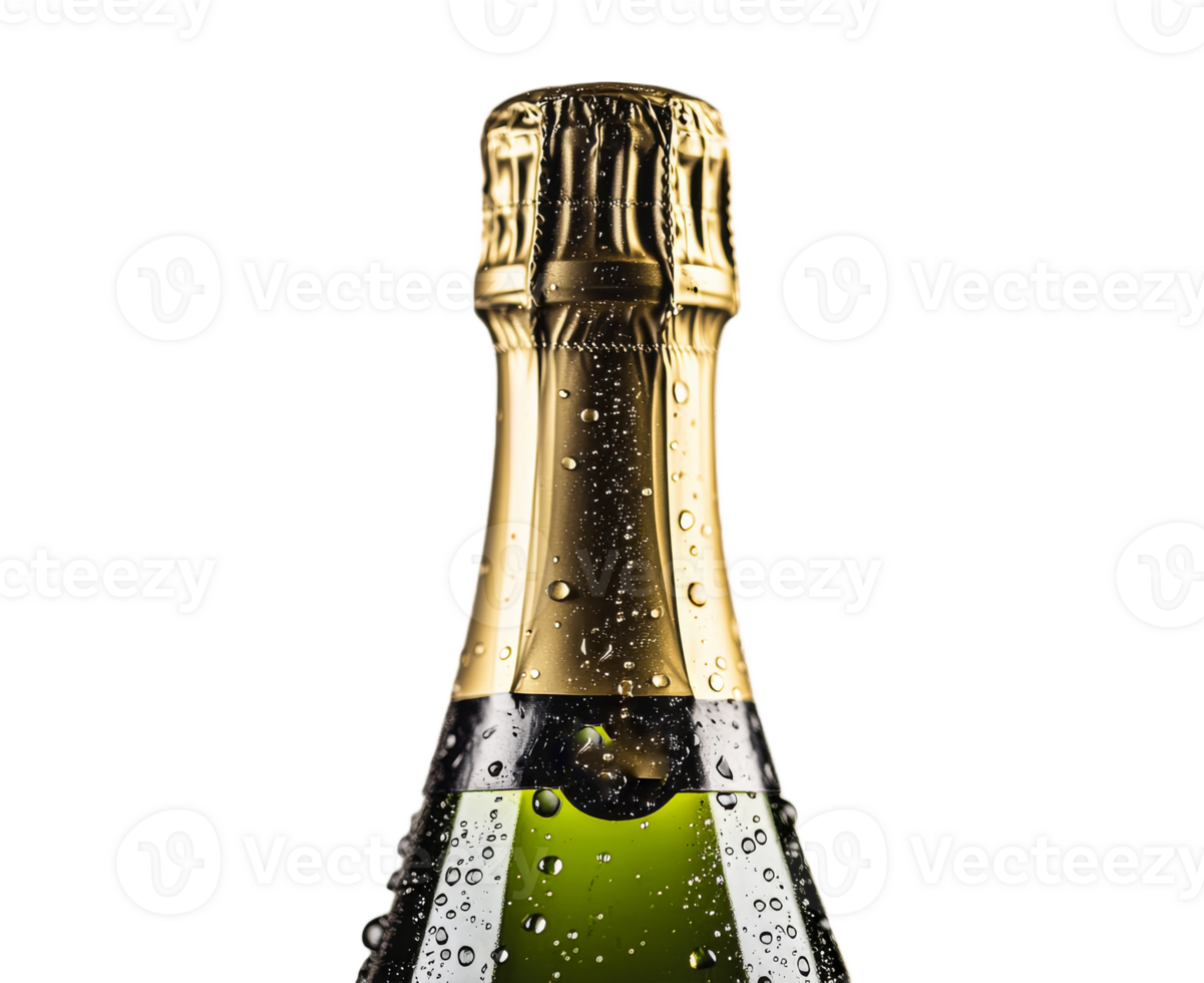 Sparkling gold Champagne bottle neck with water drops, cut out transparent png