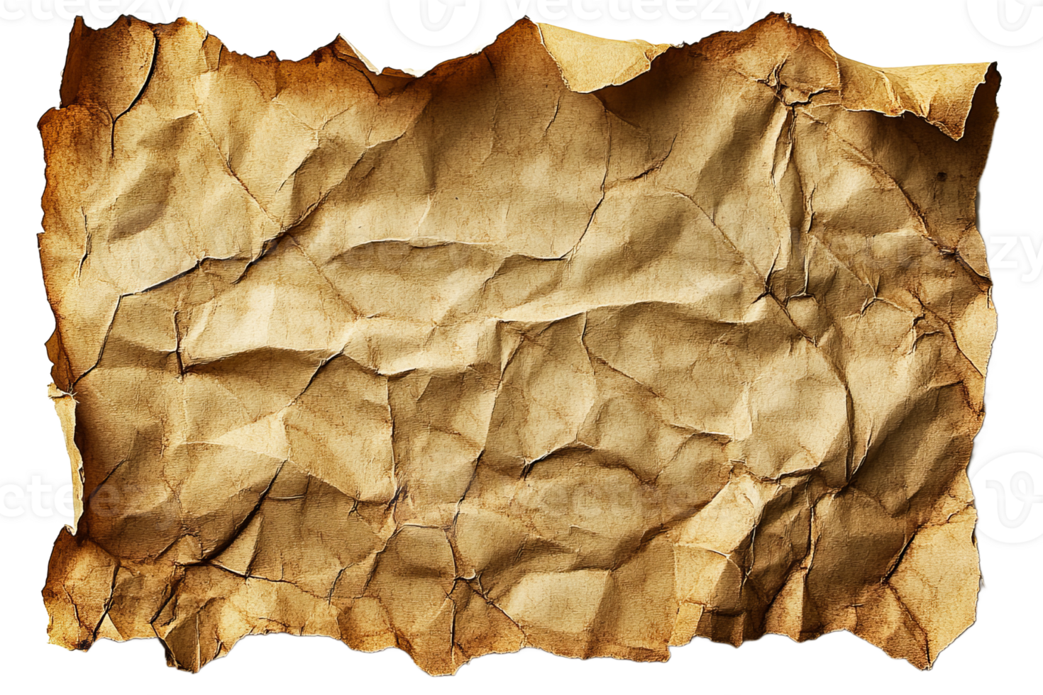 Antique parchment texture with folded surface and edges, cut out transparent png