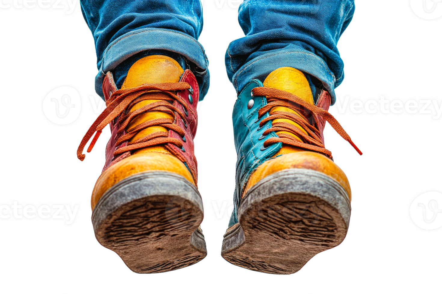 Colorful Hiking Boots with Blue Jeans Suspended Mid-Air, cut out transparent png