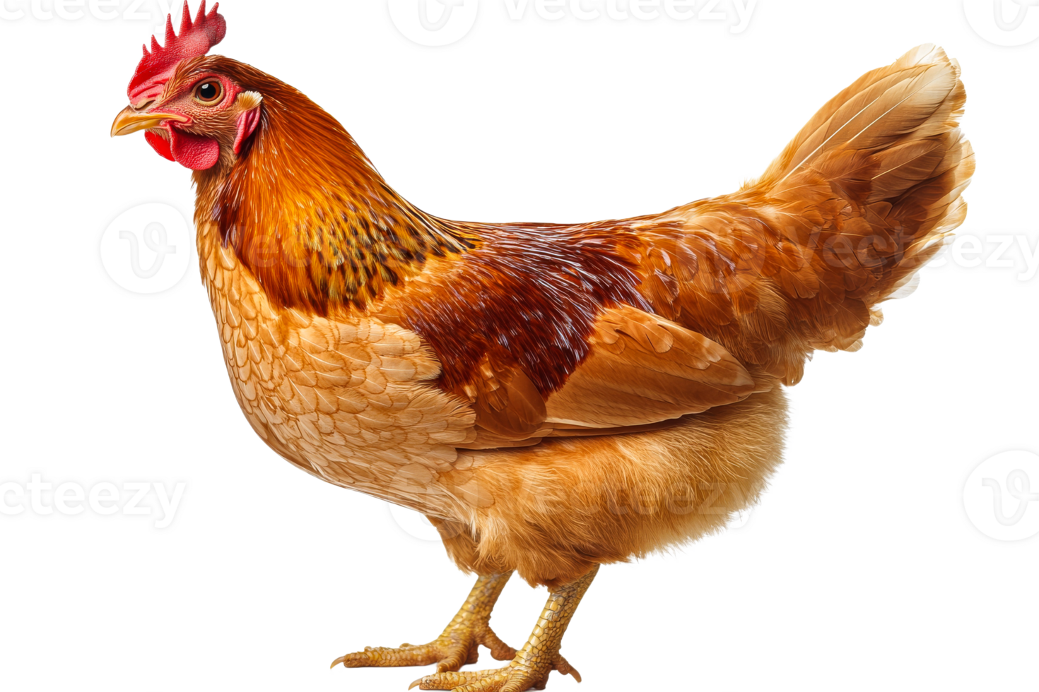 Majestic hen with golden feathers, farm animal portrait, cut out transparent png