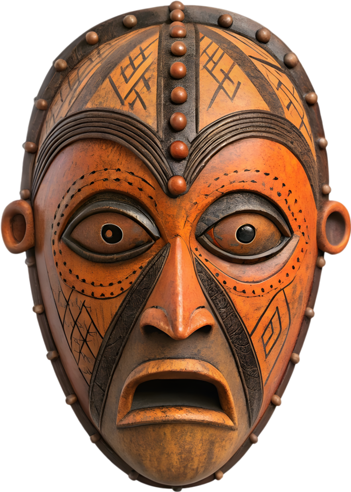 Authentic African mask with cultural significance and detailed carvings artwork. . png