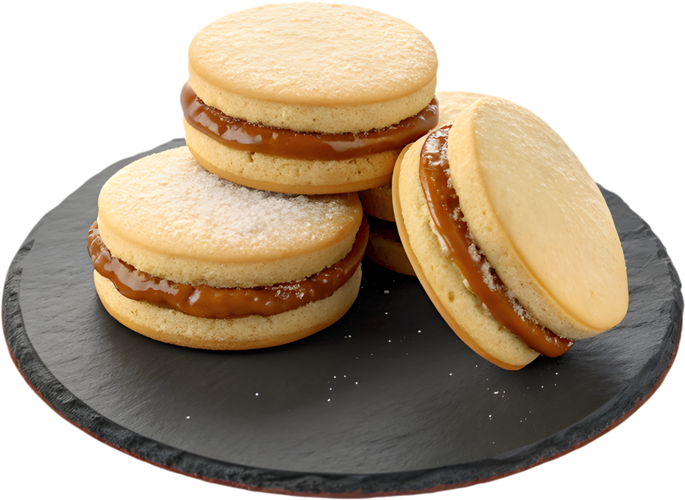 Traditional Alfajores cookie with caramel filling and powdered sugar dusting clipart. . png