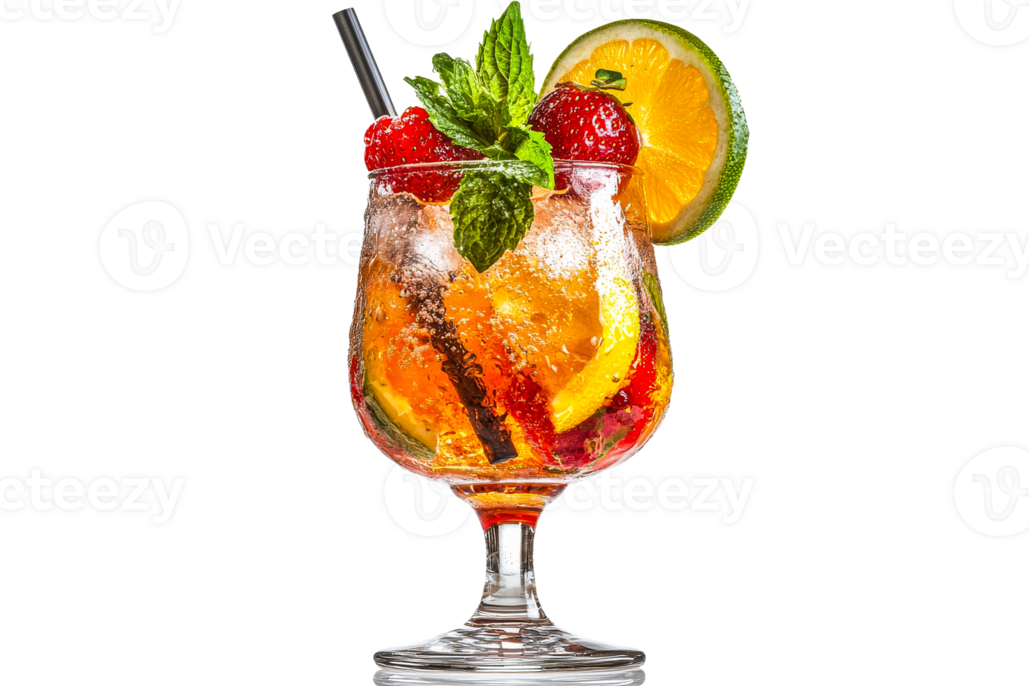 Fruity refreshing cocktail with straw, ice, berries, transparent png