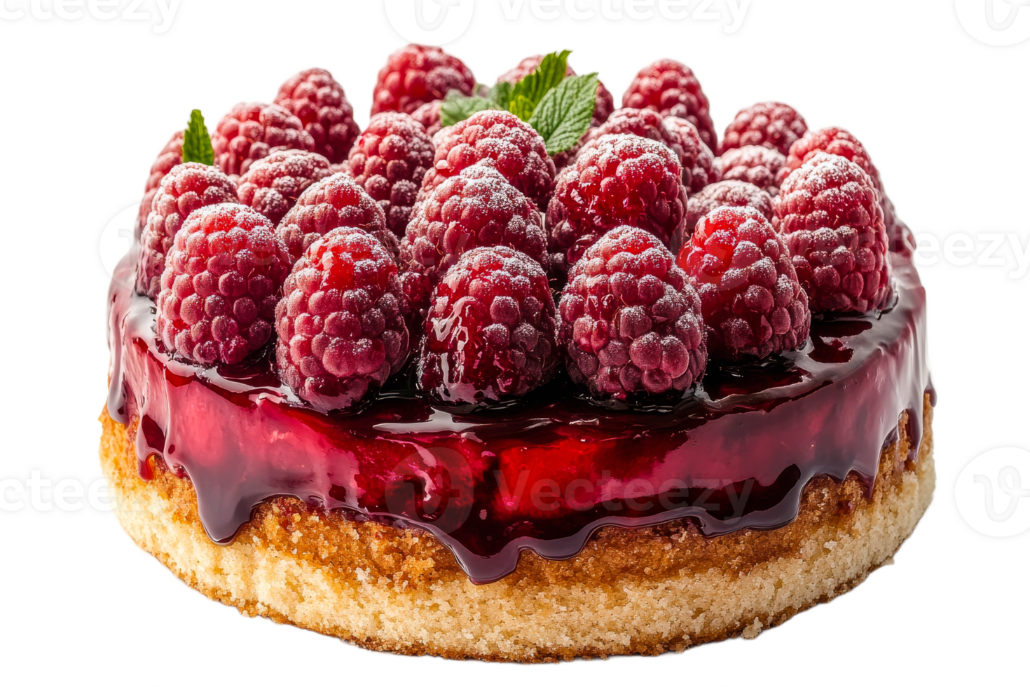 Raspberry tart covered in glaze and powdered sugar, cut out transparent png