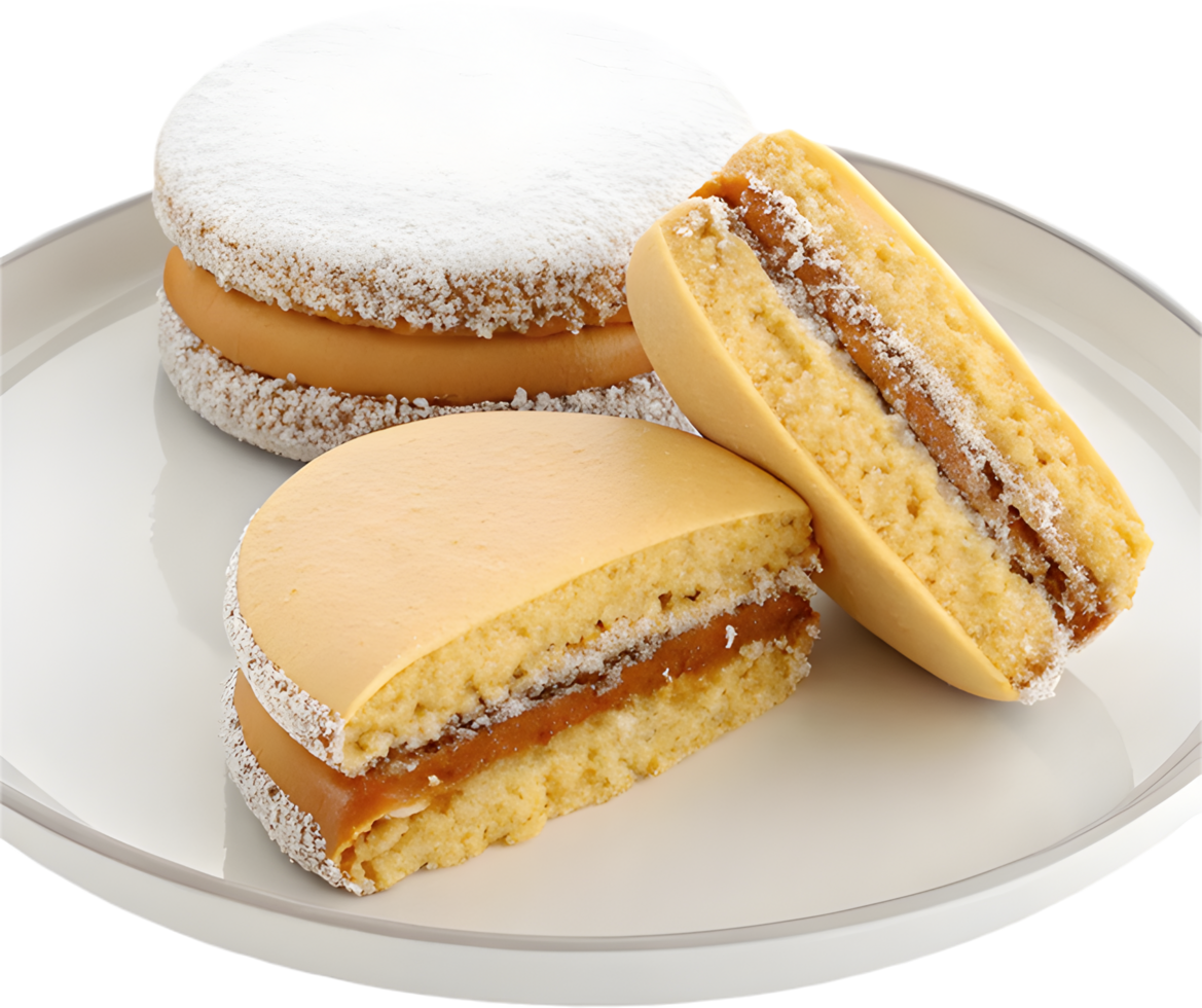 Rich caramel-filled Alfajores cookie with powdered sugar topping clipart. . png