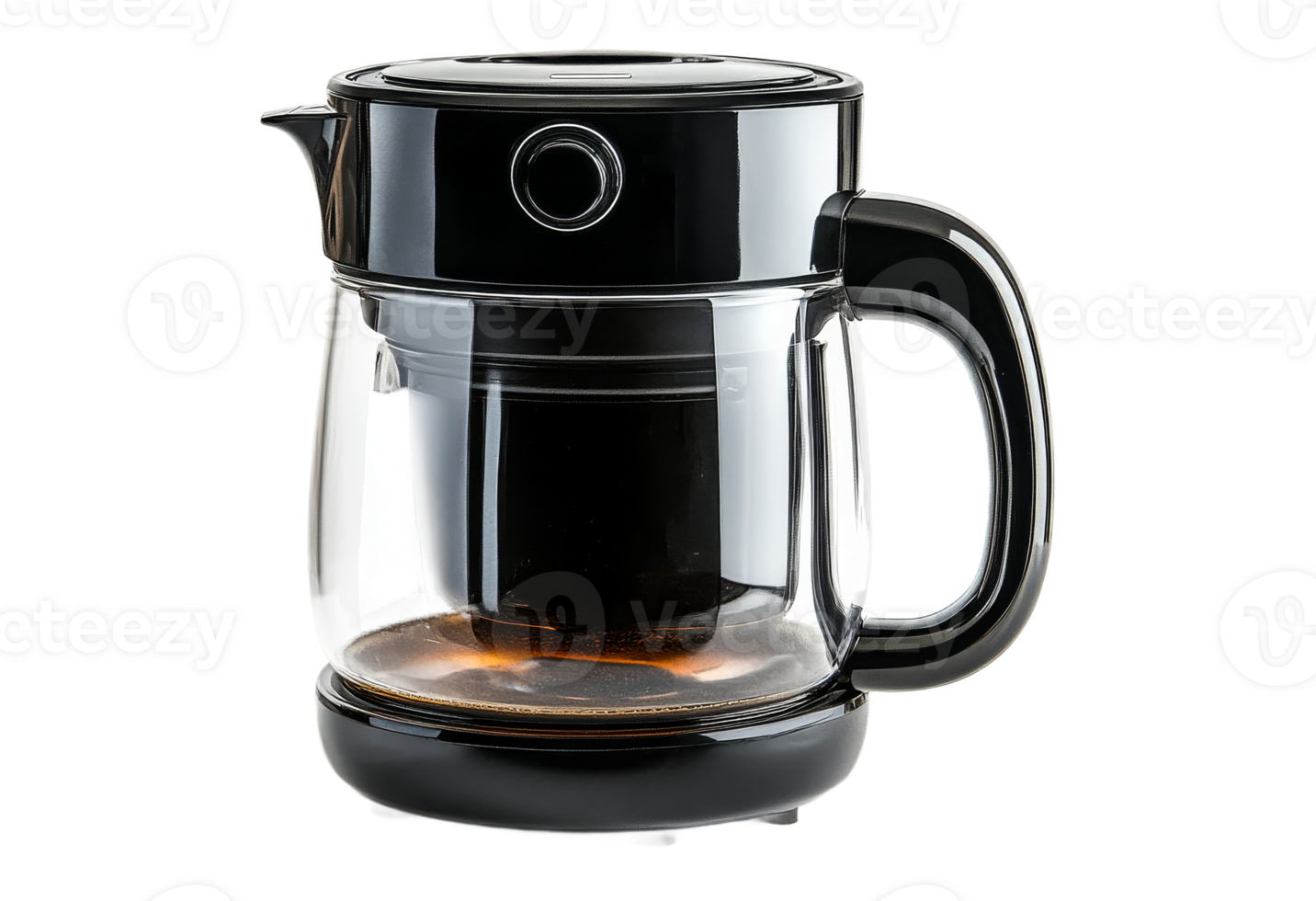 Glass teapot, elegant brewing equipment, dark beverage inside, cut out transparent png
