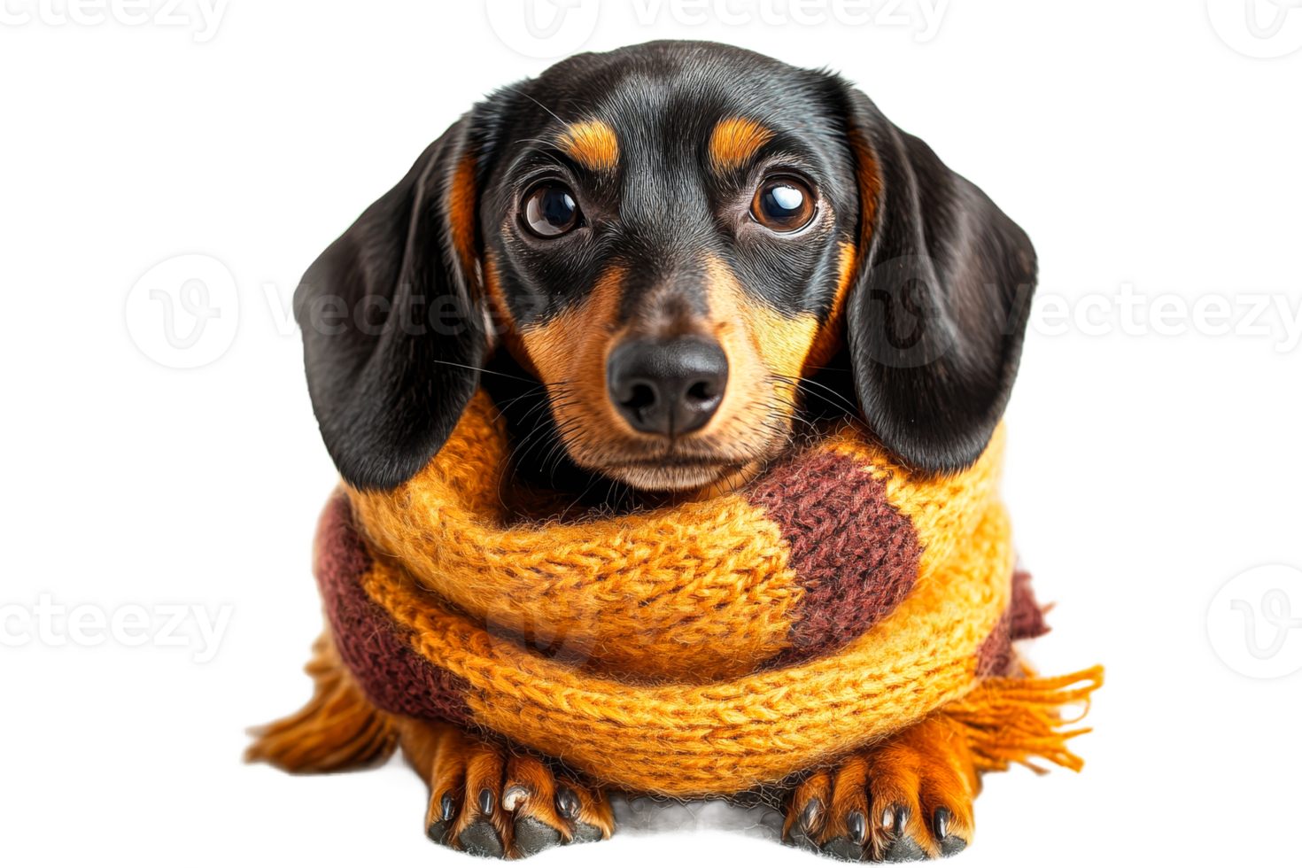 Adorable dachshund dog in a warm scarf, cut out transparent png